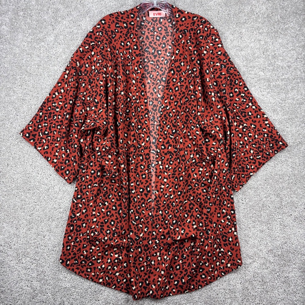 EVRI Womens 3X Leopard Print Kimono Cardigan Rust Red Open Front High Low Duster